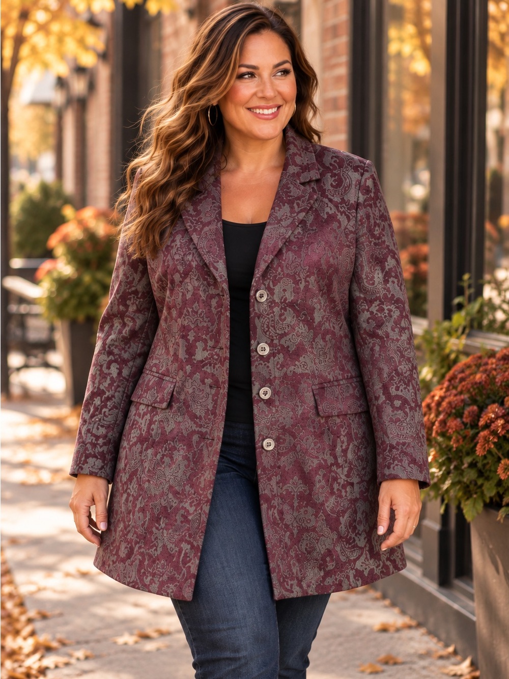 Lane Bryant Brocade Long Coat Jacket 18 Burgundy Gray Damask Dark Academia